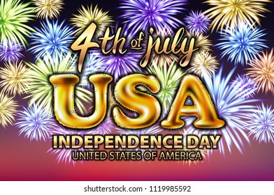 4 july USA independence day gold balloon vector firework art