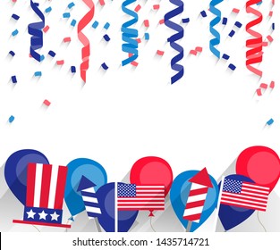 4 july USA Independence Day festive background with American flags, balloons, petards, confetti, streamers, hat, text, vector illustration