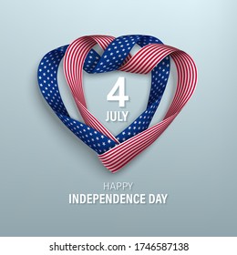 4 July USA independence day card.  Photorealistic ribbons in heart shape isolated on a light background. Vector illustrarion.
