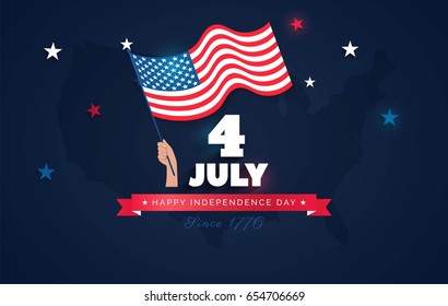 4 July USA Independence Day flyer, banner or poster. Holiday background with waving flag in man`s hand and map. Vector flat illustration