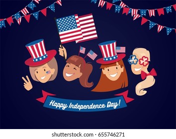 4 July USA Independence Day flyer, banner or poster. Group of happy girls with  different holiday symbols celebrating Independence Day, smiling. Holiday and celebration concept. Vector illustration 