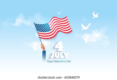 4 July USA Independence Day flyer, banner or poster. Holiday background with waving flag in man`s hand on sky background. Vector flat illustration