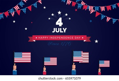 4 July USA Independence Day flyer, banner or poster. Holiday background with waving flags and bunting flags. Vector flat illustration