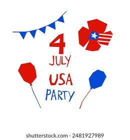 4 July Usa Party Independence Day holiday  decor and Poppy flower  in cutout style
