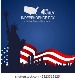 4 July vector. US Independence day poster banner. Design with liberty statue, new york city silhouette,usa map and flag. 