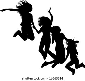 4 jumping silhouetted girlfriends