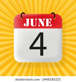 4 de junio. Calendario 2024. Ilustración 3d. Estilo de arte Pop. Icono de línea de Vector para negocios y publicidad