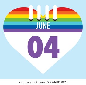 4 June calendar icon pride color heart shape on light sky blue color background, calendar vector symbol for the month of  June.