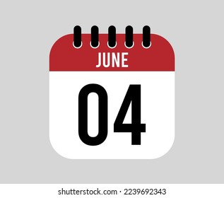 icono del calendario del 4 de junio. Vector de página de calendario rojo para los días y semanas de junio