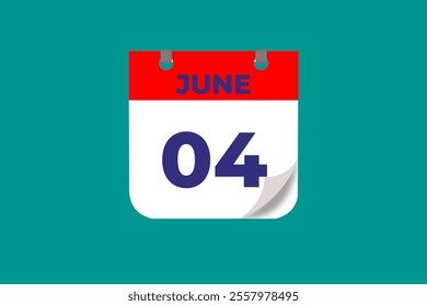  4 June calendar icon text page monthly web design on red, and blue background vector, icon, or illustration with the month of June 4