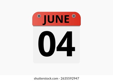 4 June calendar icon text page monthly web design on red, black and white background vector, icon, or illustration with the month of June 4