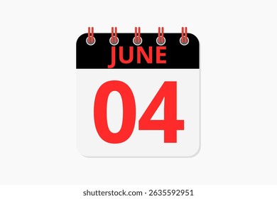 4 June calendar icon text page monthly web design on red, black and white background vector, icon, or illustration with the month of June 4