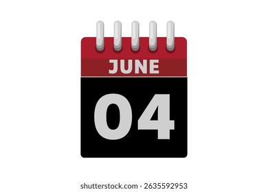 4 June calendar icon text page monthly web design on red, black and white background vector, icon, or illustration with the month of June 4