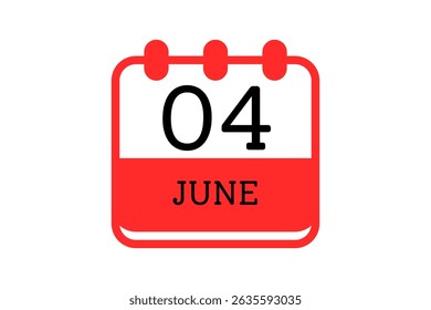 4 June calendar icon text page monthly web design on red, black and white background vector, icon, or illustration with the month of June 4