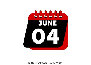 4 June calendar icon text page monthly web design on red, black and white background vector, icon, or illustration with the month of June 4