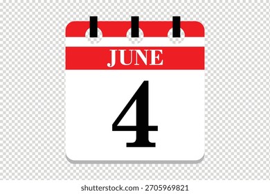 4 June Calendar icon vector, 4 dates of June month calendar icon, dates of June 4 icon calendar, vector calendar icon.