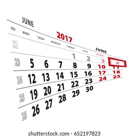 4 June highlighted on calendar 2017. Week starts from Monday. Vector Illustration.