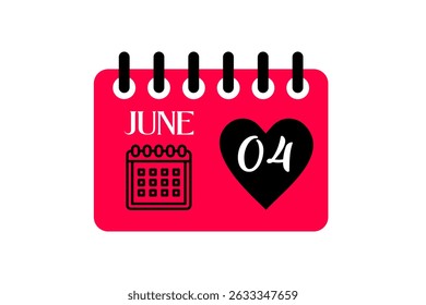 4 June month single day vector, illustration, calendar with red, black and white color background calendar icon of June 4