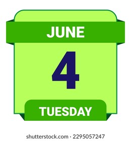 4 June, Tuesday. Date template. Useful design for calendar or event promotion. Vector illustration EPS 10 File. Isolated on white background. 