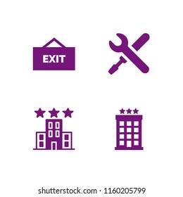 4 key icons in vector set. logout, hotel and wrench illustration for web and graphic design