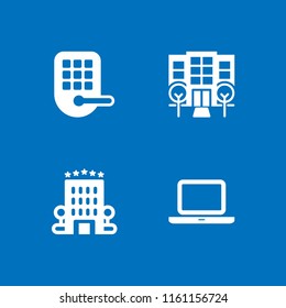 4 key icons in vector set. open laptop computer, smart lock and hotel illustration for web and graphic design