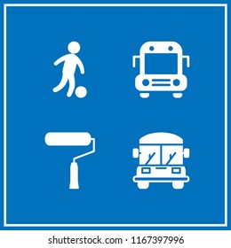 4 kids vector icon set with boy silhouette playing soccer, school bus and roller icons for mobile and web