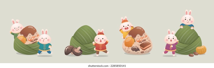 4 kinds of cute rabbits and Chinese Dragon Boat Festival traditional food Zongzi, glutinous rice wrapped in bamboo leaves