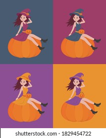 4 kinds of halloween witch sitting on a pumpkin poster, card graphic design, cartoon comic vector illustration