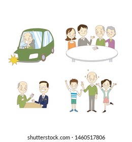 4 kinds of illustrations of the elderly person car license book return.

