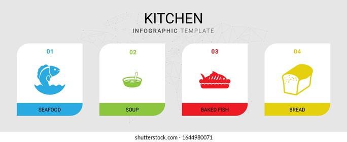 4 kitchen filled icons set isolated on infographic template. Icons set with Seafood, Soup, baked fish, bread icons.