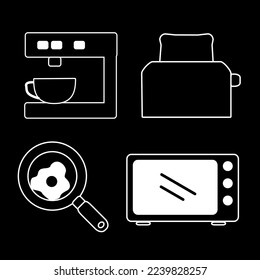 4 kitchen set vector icon isolated on black background, vector illustration, cookware, kitchenware 
