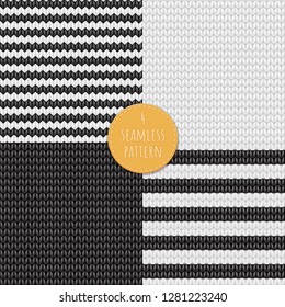4 knitting pattern ornament seamless stripe set. vector collection complementary repeatablle illustration of realictic flat knit texture for wallpaper background , white and black textile fabric