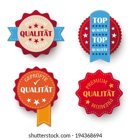 4 labels with german text "Premium, Qualitaet, Gepruefte", translate "Premium, Quality, Checked". Eps 10 vector file.