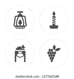 4 Lamp, Native american, Candle, Grapes modern icons on round shapes, vector illustration, eps10, trendy icon set.