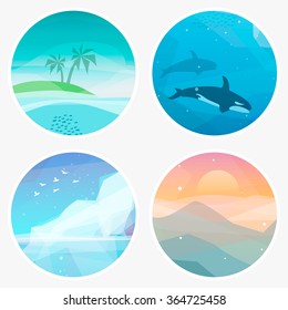 4 Landscape vector illustrations in low poly geometric style. Icons of tropical island, underwater fauna, iceberg, mountains at sunset. Nature eco illustration