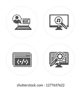 4 Laptop, Browser, Music, Monitor modern icons on round shapes, vector illustration, eps10, trendy icon set.
