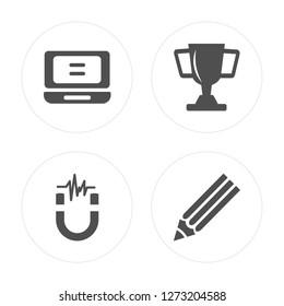 4 Laptop, Magnet, Trophy, Pencil modern icons on round shapes, vector illustration, eps10, trendy icon set.