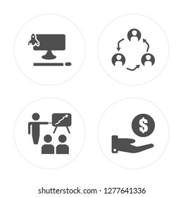 4 Laptop, Presentation, Networking, Coin modern icons on round shapes, vector illustration, eps10, trendy icon set.