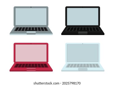 4 Laptops - weiß, grau, schwarz und rot, Draufsicht, auf weißem, isoliertem Hintergrund. Vektorgrafik