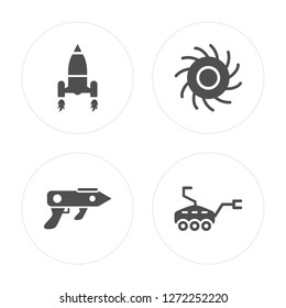 4 Launching Shuttle, Gun Blaster, Black Hole, Mars Rover modern icons on round shapes, vector illustration, eps10, trendy icon set.