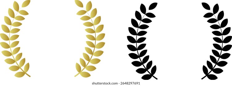  4 Laurel Wreath Icons  Gold , Black Victory Symbol Set Golden laurel wreath golden branch with leaves. vector illustration on black and transparent background.