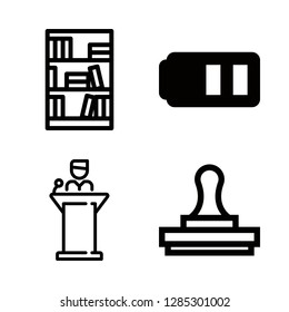 4 law icons with library bookcase and stamp in this set