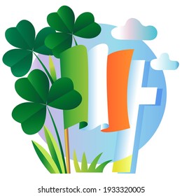 4 leaf Clovers, shamrocks and the Irish flag with the cross. St. Patrick's Day celebration concept.