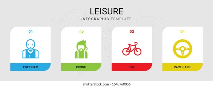 4 leisure filled icons set isolated on infographic template. Icons set with Croupier, Diving, Bike, Race game icons.