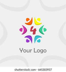 4 letter brand identity. Unity people concept. Colorful circle ring and flower logo for business vector set design