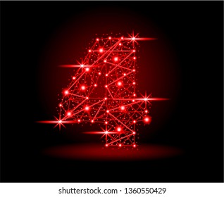4 letter from futuristic polygonal lines and sparkles with space stars. Red vector illustration on black background for card or web design.