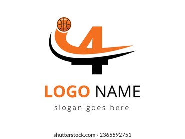 4 Letter Logo With Basketball Ball. Sports Symbol Vector Template Design