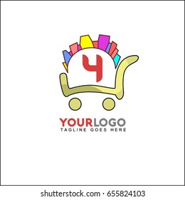 4 letter logo with shopping cart . Vector design element for card, corporate identity, store, label or poster.