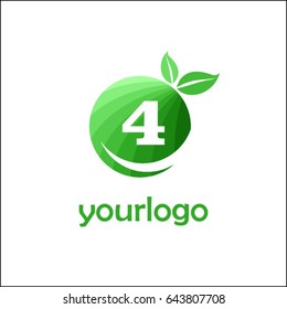 4 letter organic market logo. Eco green food brand identity. Fresh apple with letters in a circle with leaves.