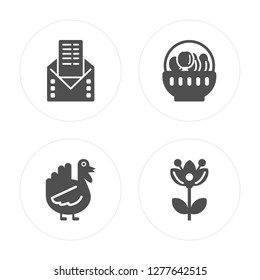 4 Letter, Turkey, Fruit, Chrysanthemum modern icons on round shapes, vector illustration, eps10, trendy icon set.